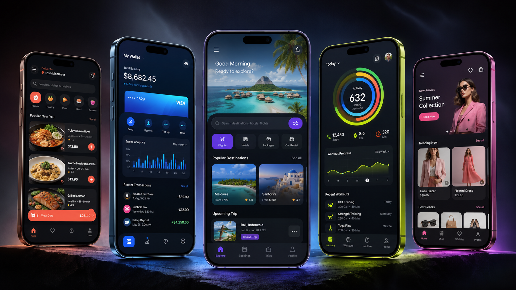 Five premium mobile app concepts for food delivery, fintech, travel, fitness and fashion